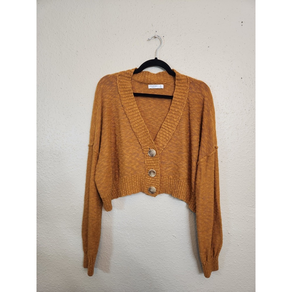 Arizona Jean Co Womens Medium Mustard Yellow Cardigan Cropped Button Front Knit